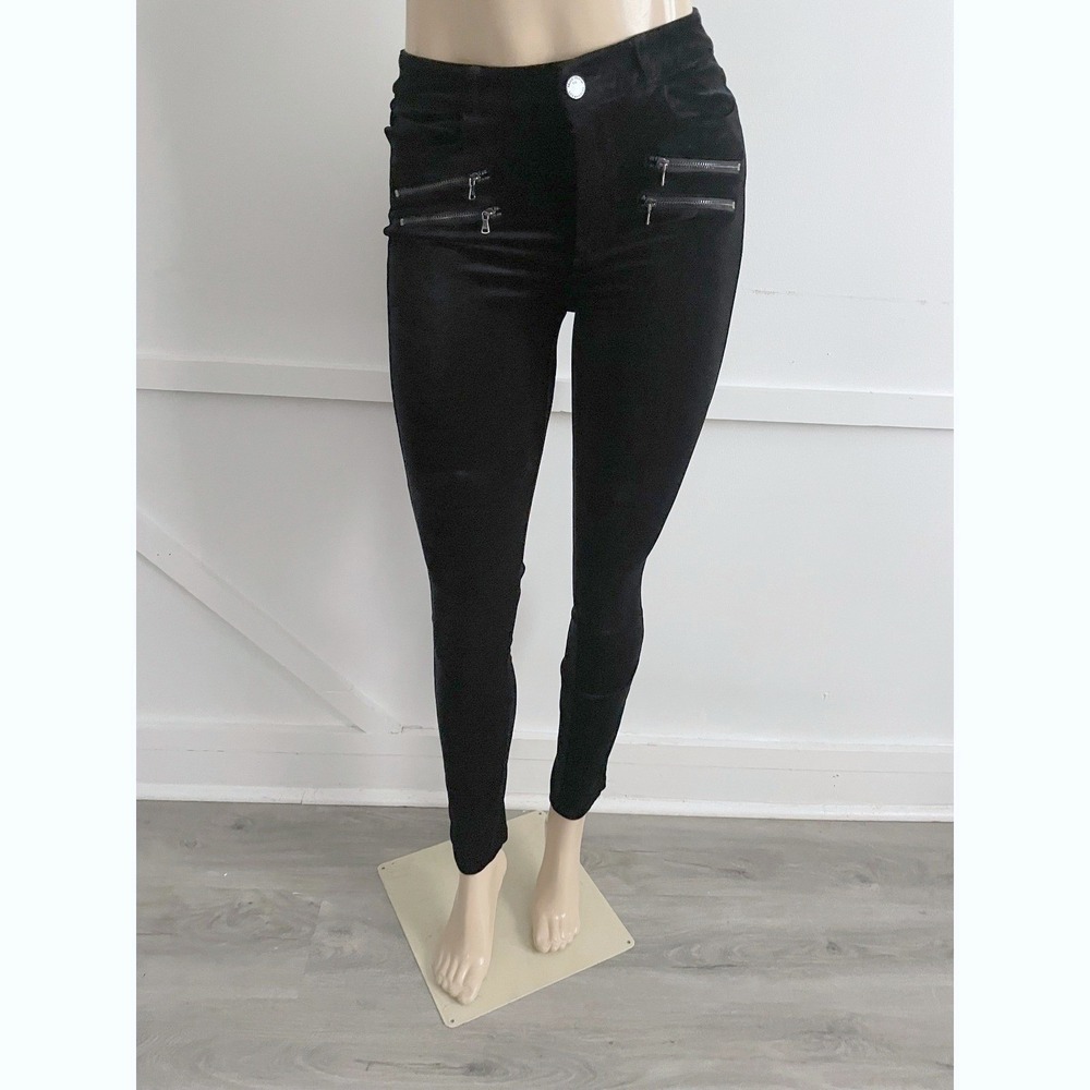 Paige Black Velvet Skinny Moto Pants High Rise Edgemount Zipper Detail 28